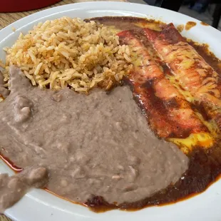 Friday lunch special - enchiladas, rice, beans and chicken chalupa (pictured in next photo)