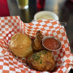 Thigh, drumstick, and biscuit