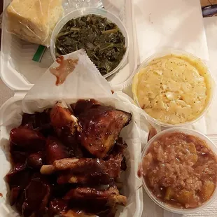 BBQ Combo meal, 3 meats, Greens, Mac n Cheese,  Cobbler (free), and Cornbread.