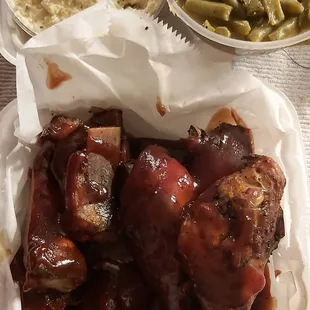 BBQ Chicken and Ribs, with potato salad and green beans