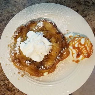 My homemade specialty dessert,  My version of funnel cake, comes in a variety of topping options