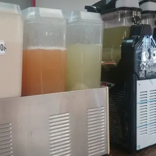 Aguas frescas: Horchata, Tamarindo, Limonada (left to right)