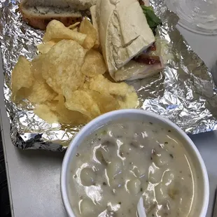Pick two: Half Turkey BLT sandwich and creamy potato &amp; bacon soup. I upgraded my side to chips, and he gave me the bread for my wait.