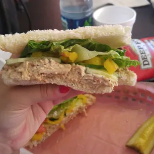 The road trip wity chicken salad, no tomatoes or onions, on soughdough