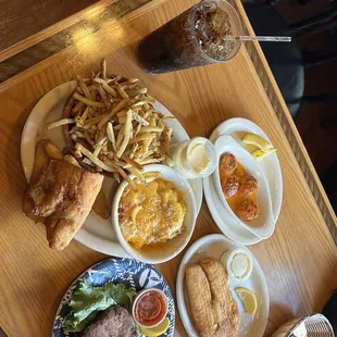 Fried Fresh Lake Erie Yellow Perch, Fresh Sea Scallops, Fresh Lake Walleye, Homemade Crabcake, Loaded Mashed Potatoes