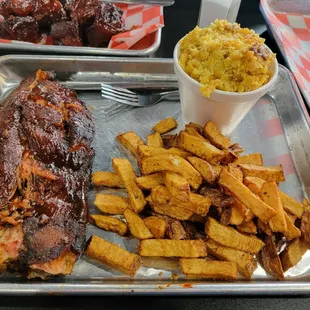 Ribs, fried red potatoes, corn pudding