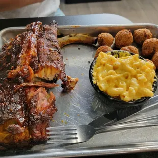 Rib special with Mac N Chz and Hush Puppies