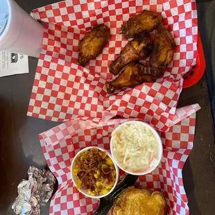 Smoked wings. Fried sweet corn with bacon. Coleslaw. Brisket grilled garlic toast.