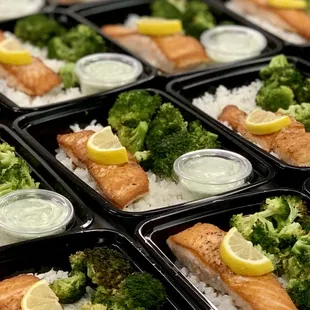 salmon, broccoli, and rice