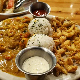 Half crawfish etouffee and half fried crawfish