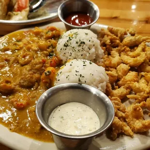 Half crawfish etouffee and half fried crawfish