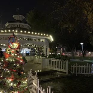 Gazebo and trees lit up
