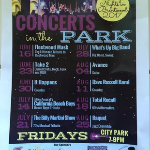 Brentwood city park free concert lineup