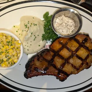 Double pork chop, cream corn and pomme puree