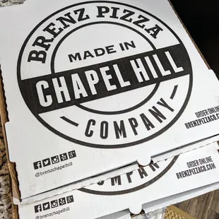 Brenz Pizza Company Made in Chapel Hill pizza boxes as of Thursday, May 2, 2024. $3.50 delivery fee.