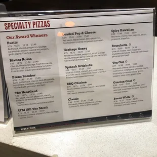 Specialty pizzas menu