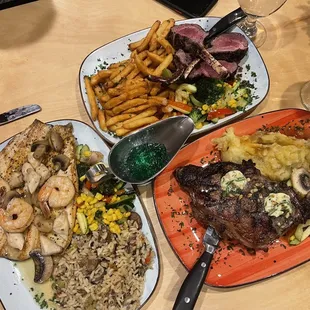 Trout, NY strip - 20oz, Lamb Chops, rice pilaf, mashed potatoes, mixed veggies, french fries