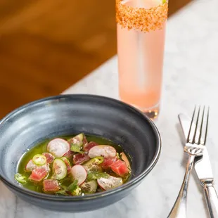 a plate of food and a drink