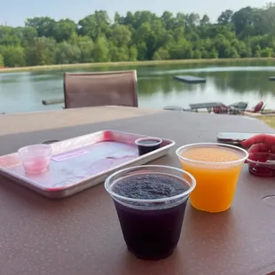 a view of a lake and a picnic table