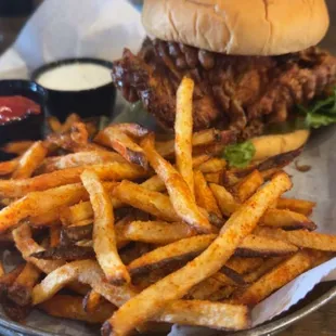 Candied Sirracha bacon fries and crispy chicken