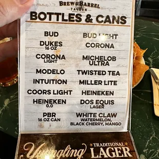 a menu for bottles and cans