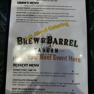 Kids menu and desserts