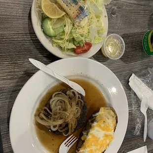 Small hamburger steak with loaded potato and sensation salad