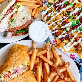 Fiesta wrap, Cheese Fries, Chicken Club