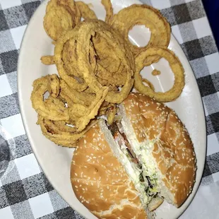 Thin onion rings and regular hamburger.