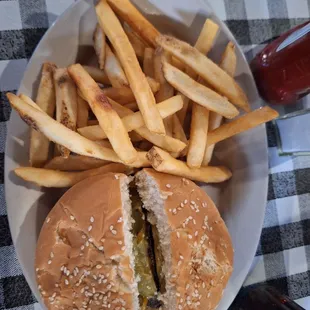 Fries and regular cheeseburger.
