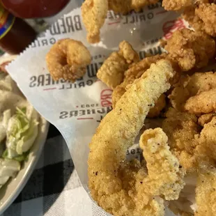 Baby shrimp and mushy catfish