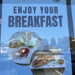This is the poster outside brew bytes cafe showing the Loaded burrito and luxe lox.
