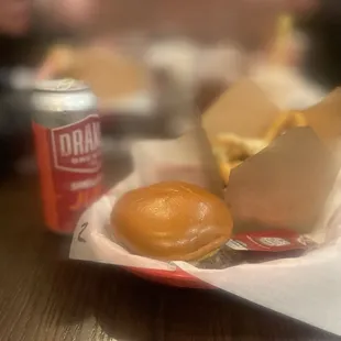 Garlic cheese burger, garlic fries and a Drakes IPA.
