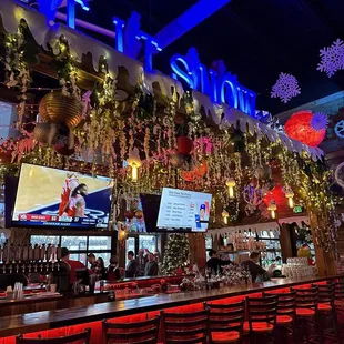 a bar decorated for the holidays
