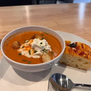 Roasted tomato soup with cream mousse; Corey&apos;s special