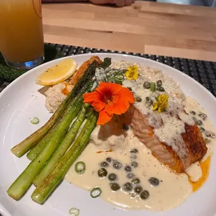 Salmon piccata and asparagus; Corey&apos;s special