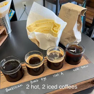 Coffee flight, Green Gables crepe, Choc Espresso muffin