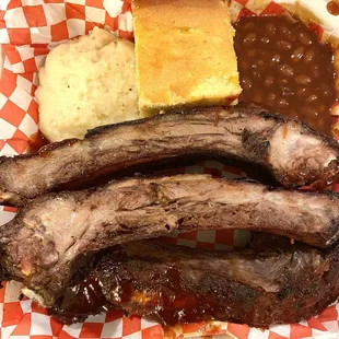 5/5/24 (sun): 1/2 Rack Beef Rib Plate w/ Smoked Garlic Mash &amp; Baked Beans. Delish