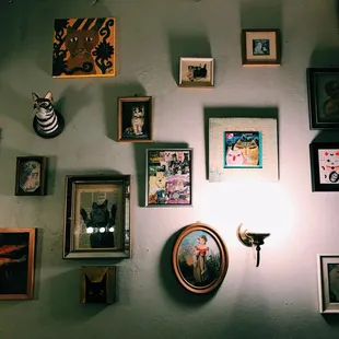 a wall full of framed pictures