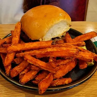 Impossible Burger and sweet potato fries
