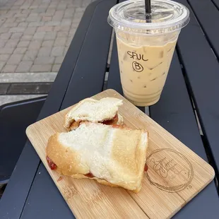 Iced SFV latte and a PB&amp;J &quot;panini&quot; (just a regular Pb&amp;J sandwich... NOT a panini, as described in the menu)