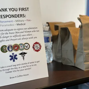 Snack bags and bottled waters for First Responders