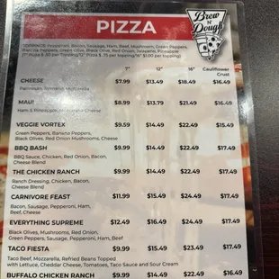 Pizza menu.