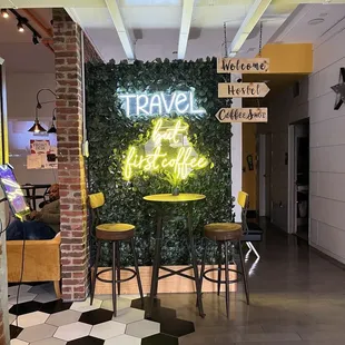 a bar with a neon sign