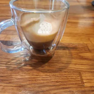 a cup of coffee on a wooden table