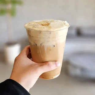 Vietnamese Coffee with oat milk topped with banana cream