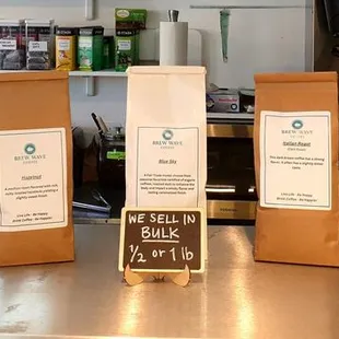 a variety of bags of coffee