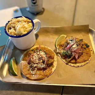 Carnitas tacos with a side of Mac n cheese