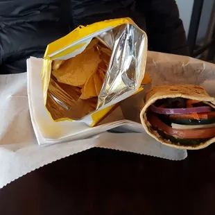 Vegetali Wrap with Baked Chips at Brewed Awakenings Café