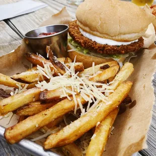 Falafel burger and Parmesan garlic fries
